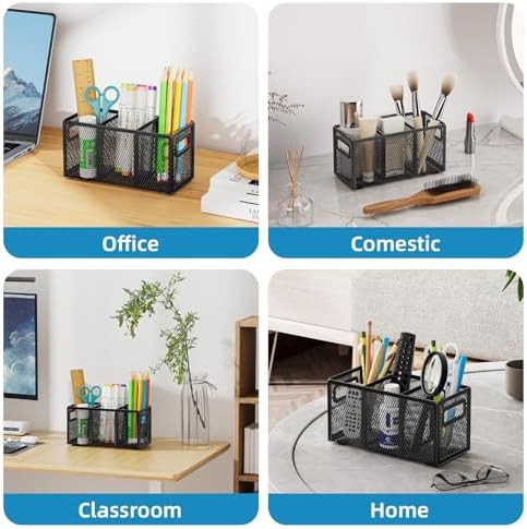 Marbrasse Mesh Pen Holder for Desk, Pencil Holder Desk Organizer 3 Adjustable Compartments, Pencil Cup with Handle Perfect for Classroom, Office, Home, Makeup, Art (Black-2P) - Image 6