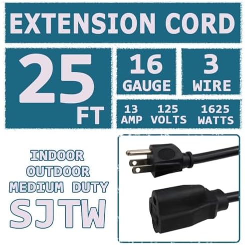 Indoor Outdoor Extension Cord 25 FT Waterproof, 16/3 Gauge Heavy Duty Black Extension Cords, 13A 1625W SJTW Extension Cord with 3 Prong Grounded Plug, Great for Tools, Lights, UL Listed. - Image 2