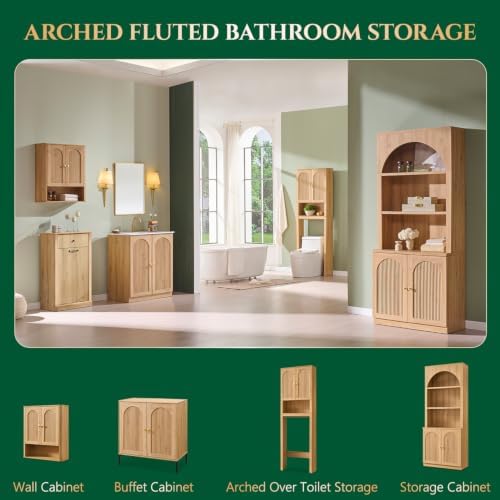 Bathroom Fluted Arched Wall Cabinet, 23.6''W Wood Medicine Cabinet, Natural - Image 6