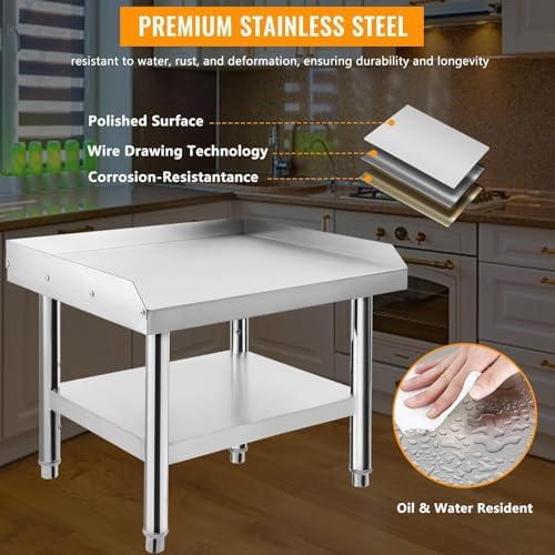 Stainless Steel 36x30x24 Inch Equipment Grill Stand Table, 660 Lbs Top & Bottom Shelf, Adjustable Legs, 2" Edge Baffle, for Hotel, Home, Commercial Restaurant Kitchen - Image 3