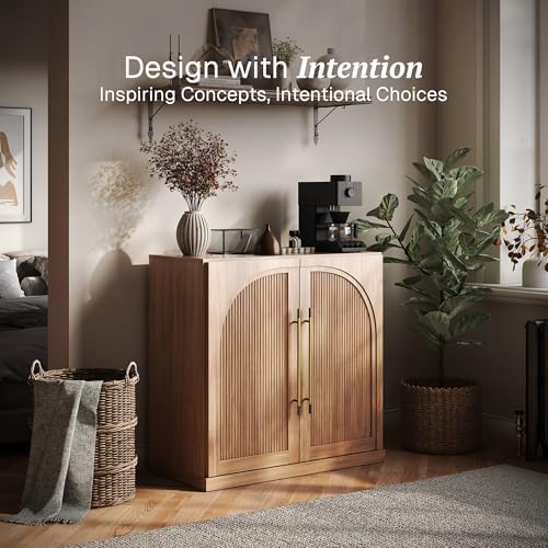 BELLEZE 3 Tier Bookshelf with Double-Arc Door, Modern Bookcase Shelf with Storage and Adjustable Shelves, Arched Buffet Wood Bookshelves for Living Room Office Entryway (Camel) - Image 3