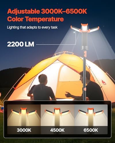 VEVOR LED Work Light with Stand, 6Ah, Rechargeable Cordless Camping Light, with 3 Lamp Heads, Detachable Tripod Stand, 2200 Lumens 3000K-6500K Dimmable, Portable Construction Lighting for Job Site - Image 2