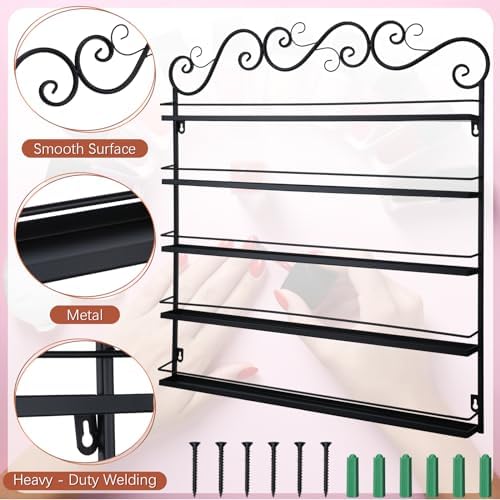 Sintuff 3 in 1 Nail Polish Rack Wall Mount Nail Polish Organizer 5 Tiers Shelf Storage Display Holder Stand Holds 200 Bottles for Home Salon Business Spa(Black) - Image 4