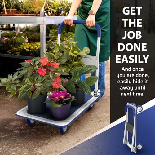 Heavy Duty Foldable Push Cart Dolly | 330 lbs. Capacity | Upgraded Collapsible Hand Truck Folding Platform with Swivel Wheels | Flat Bed Moving Wagon | Space Saving Push Handle (Blue) - Image 6