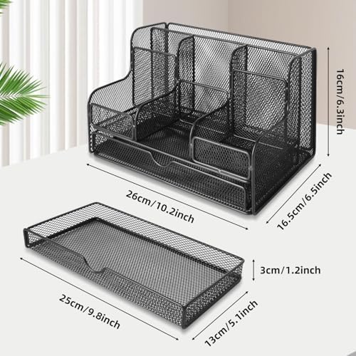 Black Mesh Desk Organizer Caddy and Accessories with 7 Compartments, Mesh Multifunctional Desktop Accessories Organizers Office Supplies Desktop Organizer for Home, Office - Image 6