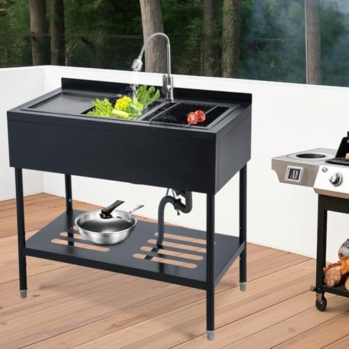 GarveeTech 47.2" Stainless Steel Commercial Utility Sink with Double Bowls & Drainboard, Freestanding Laundry Wash Station with Hot/Cold Faucet, Shelf & Drain Kit for Garage Outdoor Kitchen - Image 6