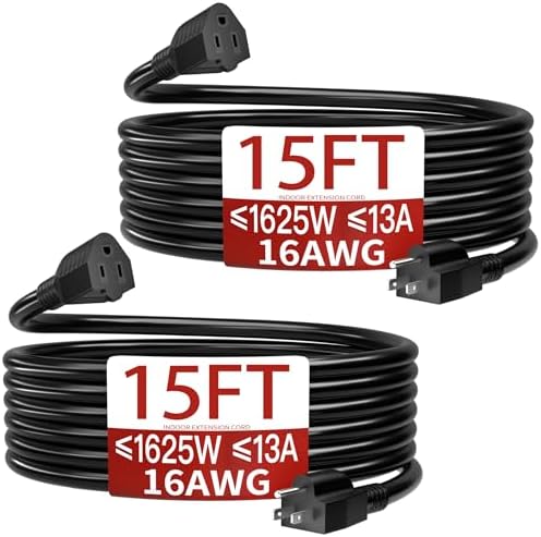 Skrizcable 16/3 2Pack 15FT Indoor Extension Cord Flexible, Black Power Cord by Skrizcable