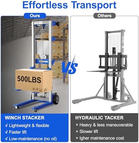 Material Lift Winch Stacker, 3.54"-70" Height Range, 500 lbs Capacity, 34.60"L x 24.80"W, Hand Winch Lift Trucks for Warehouse, Factory, Library - Image 6