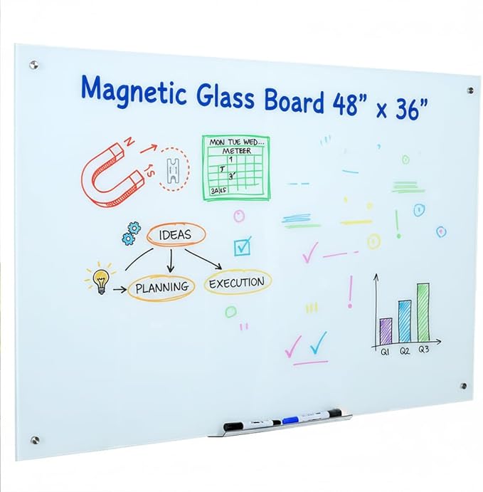 Magnetic Glass Whiteboard 48x36 Inches, Large Tempered Glass Dry Erase Board by DexBoard