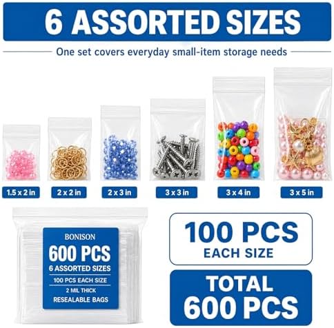 600 Pack Small Plastic Bags, 6 Assorted Sizes (1.5x2, 2x2, 2x3, 3x3, 3x4, 3x5 Inch) Clear 2 Mil Jewelry Bag Clear Plastic, Mini Baggie for Jewelry, Beads, Pills, Crafts & Small Parts - Image 2