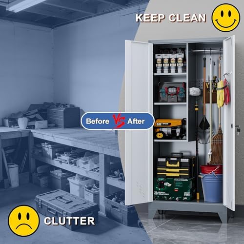 Metal Garage Storage Cabinets with Lock- 61" Tall Broom Closet Storage Cabinet & Pantry Organizer for Laundry Room, Home Office, Gym, School - Image 6