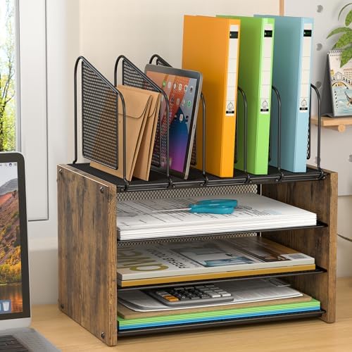 4-Tier Desk Organizer, Desk File Organizer with 5 Vertical File Holders, Office Desktop Organizer with 3 Level Paper Organizer Letter Tray, Wooden Desk Organizers and Accessories for Home Office - Image 2