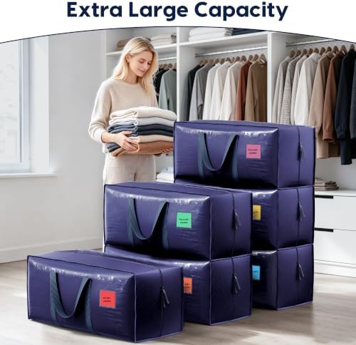 6 Pack Moving Bags Heavy Duty 210GSM with Full-Open Side Zipper, 93L 220lbs Waterproof Foldable Storage Totes for College Dorm Move-In, Moving Boxes Alternative & Home Organization, Blue - Image 4