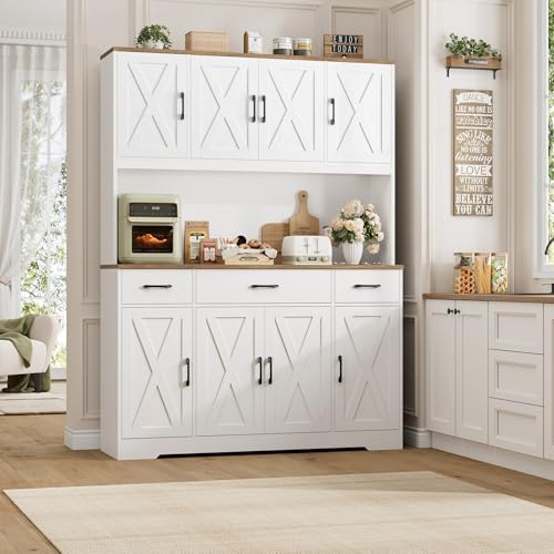 HOSTACK 71" Tall Kitchen Pantry Storage Cabinet, 55" W Kitchen Hutch, White - Image 3