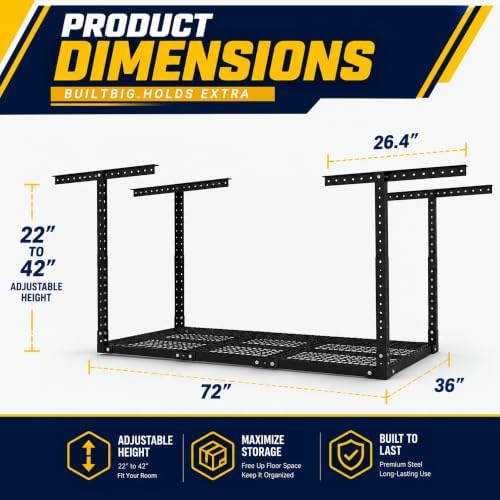 Soywey 3 x 6FT Overhead Garage Storage Rack,Adjustable Ceiling Storage Racks,Garage Shelving Heavy Duty Storage Organizer System,Load 500LBS Weight(Black) - Image 2