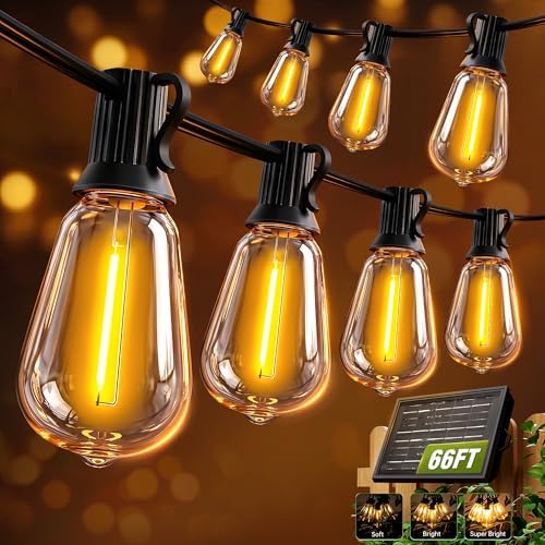 Solar String Lights Outdoor Waterproof with Remote & Timer, LED Shatterproof ST38 Bulbs, USB & Solar Powered Patio Lights for Backyard, Porch, Garden, Wedding, Christmas Decor (66FT) by SkoiucLights