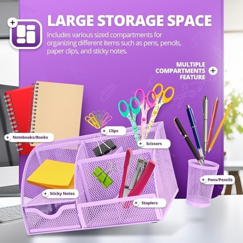Flexzion Desk Caddy Organizer Set (Purple) - Metal Mesh Desktop Caddy with Drawers, 6 Compartments, and Pencil Holder for Women & Men - Desktop Organizer and Storage for Work or Office Supplies - Image 3