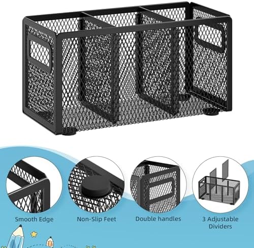 Marbrasse Mesh Pen Holder for Desk, Pencil Holder Desk Organizer 3 Adjustable Compartments, Pencil Cup with Handle Perfect for Classroom, Office, Home, Makeup, Art (Black-2P) - Image 4