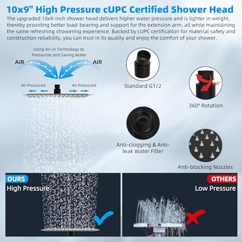 Hibbent All Metal 10'' Rain Shower Head, 16'' Extension Arm, Matte Black - Image 3