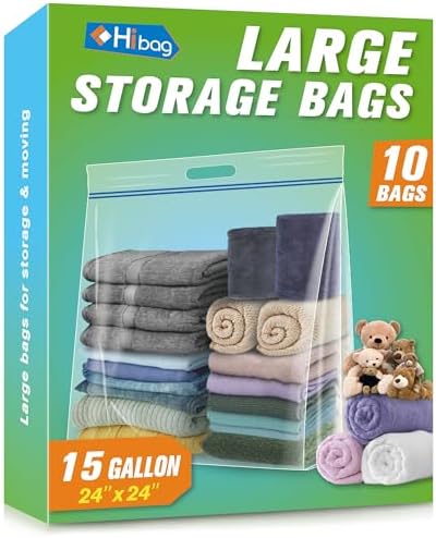 HIBAG 15 Gallon Large Storage Bags, 24” x 24” Resealable Clear Bags with Handle, Extra Large XL Heavy Duty for Clothes Pillow Travel Moving, Pack of 10 by HIBAG