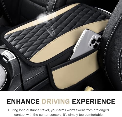 Car Center Console Cover, Upgraded Patchwork Leather Arm Rest Cover with Side Storage Pockets, Comfortable Auto Armrest Protector Cushion, Universal Middle Console Pad for SUV, Sedan (Beige) - Image 7