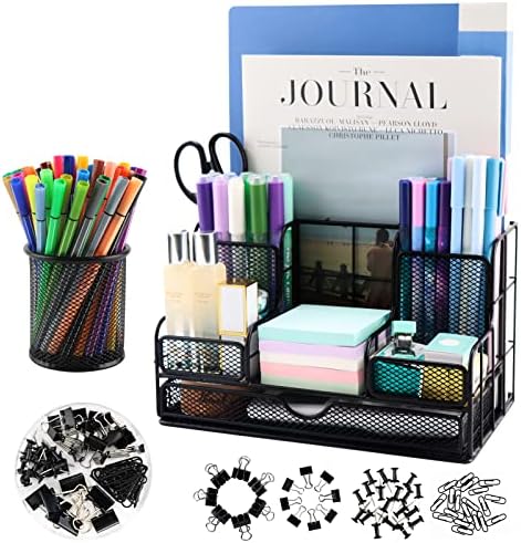 Desk Organizers Caddy and Accessories with 7 Compartments + Pen Holder / 72 Clips Set, Drawer, Black Mesh Office Supplies Desktop Organizer for Home, Office Ect by BCCICE