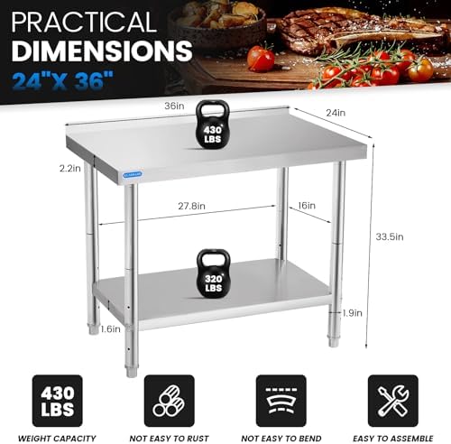 KUARBARR Stainless Steel Table for Prep & Work with Backsplash 24 x 36 Inches NSF Metal Commercial Kitchen Adjustable Under Shelf Worktable for Restaurant Home Outdoor - Image 3