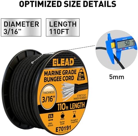 Heavy Duty Bungee Cord Roll, 3/16" x 110ft Marine Grade Outdoor Bungee Cords, Black Super Elastic Shock Cords, Long Cord for Cargo, Camping, Bike Racks, Tents - Image 2