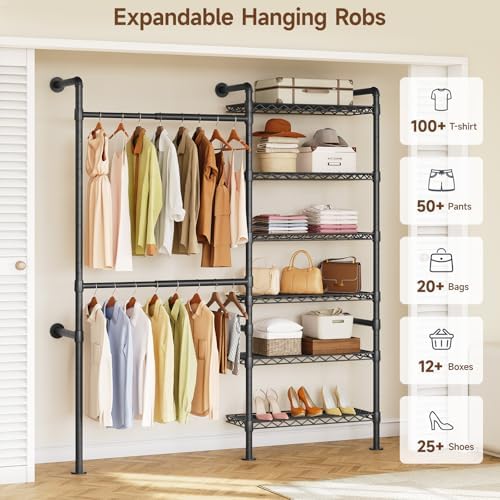 ONBRILL H2 Wall Mounted Clothing Rack, Expandable Industrial Pipe Clothes Rack Garment Racks for Hanging Clothes, Heavy Duty Closet Organizers and Storage in Closet System, Black - Image 6