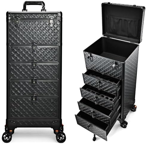 Yueieoun Nail Salon Cart with 4 Drawers,Rolling Makeup Train Case for Beauty,Cosmetology Case on Wheels,Trolley Cart,Lockable Organizer Travel Case for Manicure/Face Painting/Hairstylist/Tattoo Artist by Yueieoun