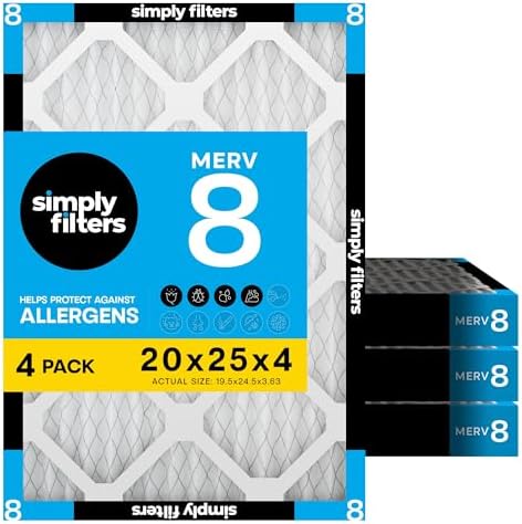 Simply 20x25x4 Air Filter, MERV 8, 4 Pack, Furnace Air Filter for HVAC (Actual Size:19.5"x24.5"x3.63") DUST, Pet, & Allergy Control by SimplyFilters