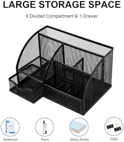 Comix Mesh Pen Pencil Holder Desk Organizer, 7 Compartment Wire Desktop Pen Pencil Cup Caddy Office Supplies for Home Office School, Black - Image 4