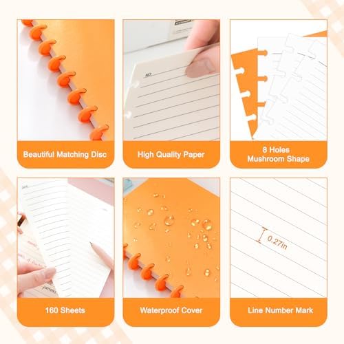 Discbound Notebook, 8-Disc Disbound Planner with Removable Pages, 180 Pages Spiral Notebook, Poly Cover Discbound Planner for Work, Travel, Note Taking(With Index Sticker),Orange,A4 - Image 3