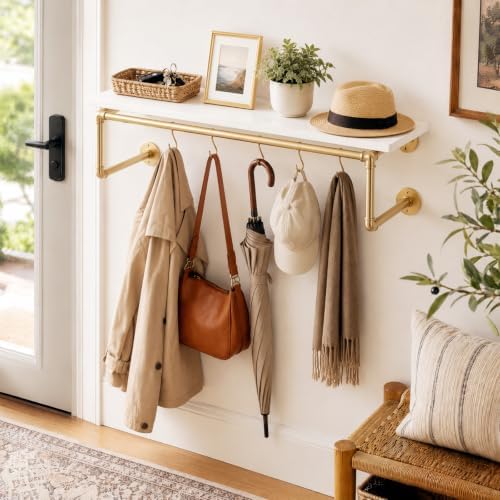 36 Inch Industrial Pipe Clothing Rack with Shelves, Gold Wall Clothes Racks by BAOGELIYA