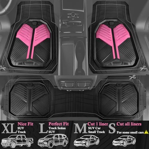 CAR PASS Heavy Duty Rubber Car Mats, Deep Dish Car Floor Mats All Weather, Car Mats Full Set 3-Piece Trim to Fit for Sedans SUVs Trucks,Women Waterproof Anti-Slip Automotive Mats, V12 Black and Pink - Image 2