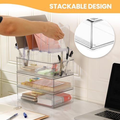 LALOBLUE Acrylic Desk Organizer with 4-Vertical File Holder Rack, 3-Clear Drawer and 2 Pen Holders, Desktop Storage for Office Desk Accessories School Classroom Organization (Clear) - Image 6