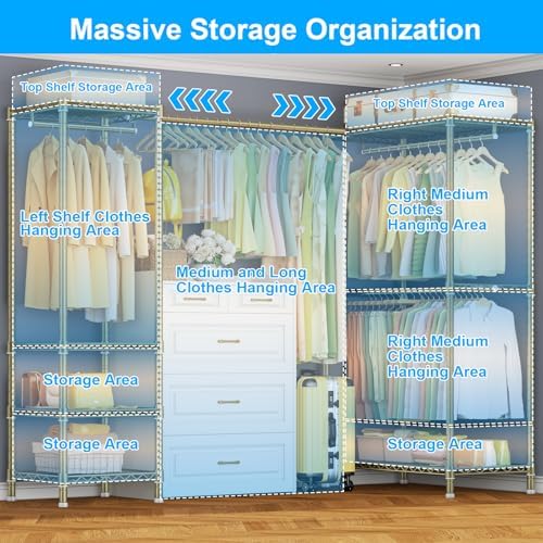 ULIFHOME E10L L-Shaped Clothes Rack for Corner（With Expandable Hanger Rod）Heavy Duty Freestanding Clothing Racks for Hanging Clothes，Portable Garment Rack 58-82"W x 30"D x 72"H，Max Load 900LBS，Gold - Image 3