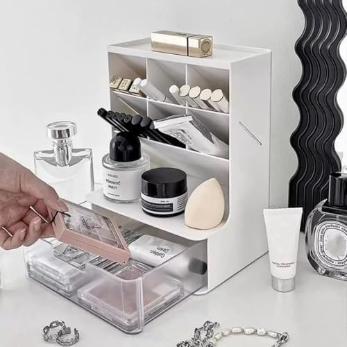 Desk Organizer with Drawer Pen Holder Workspace Organizers Perfect Office Desk Accessories and Workspace Organizers for Home Office Organization (White/Transparent) - Image 5
