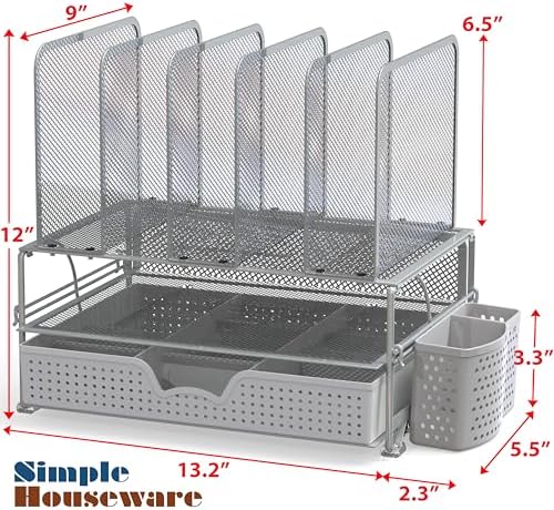 Simple Houseware Desk File Organizer for Office Supplies w/Drawer, Silver - Image 2