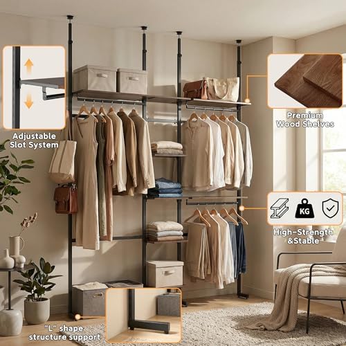 MZG Closet Organizer System, Freestanding Closet System with Wood Shelves & Hanging Rod, Adjustable Floor-to-Ceiling Open Wardrobe for Bedroom, Apartment & Walk-In Closet (16.8" D x72.1 W x 137.9" H) - Image 3
