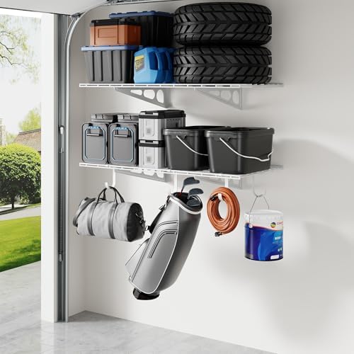 FLEXIMOUNTS 2-Pack 2x4ft Garage Shelving with Hooks, 600lbs Load, White by FLEXIMOUNTS