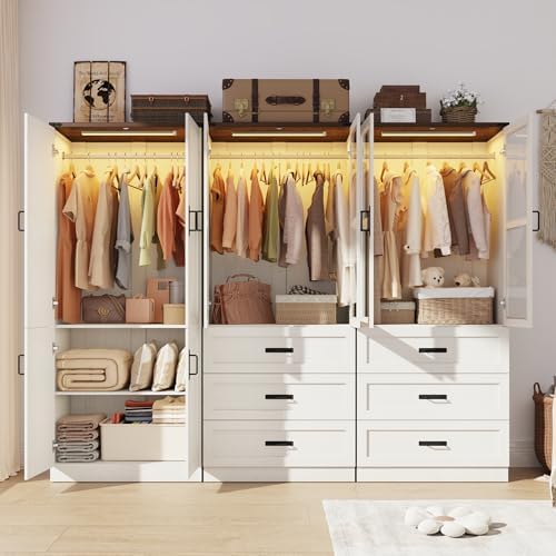 75" Tall Farmhouse 6 Doors Armoire Wardrobe Closet with 3 Drawers and LED,Freestanding Closet Wardrobe Cabinet for Bedroom with Hanging Rod,Wooden Armoire Storage Cabinet(Rustic Off White 6 Doors 2) - Image 3