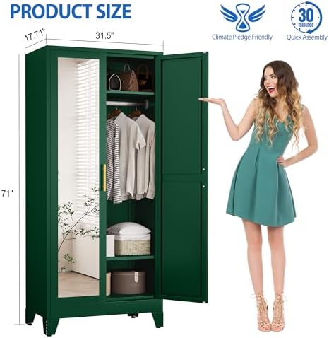 GAIOUS Metal Wardrobe Cabinet with Mirror and Hanging Rod, 71" Green - Image 2