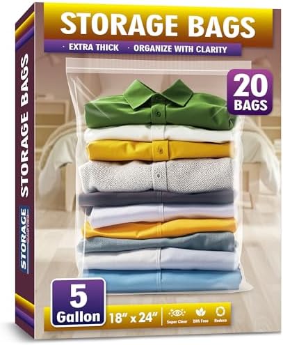 Extra Large 5 Gallon Zippered Plastic Bags for Storage- 18'' x 24'', Ideal for Clothes Clothing, Travel, Moving, 2-mil Thick Clear Plastic, 20 pack by Storage+Master