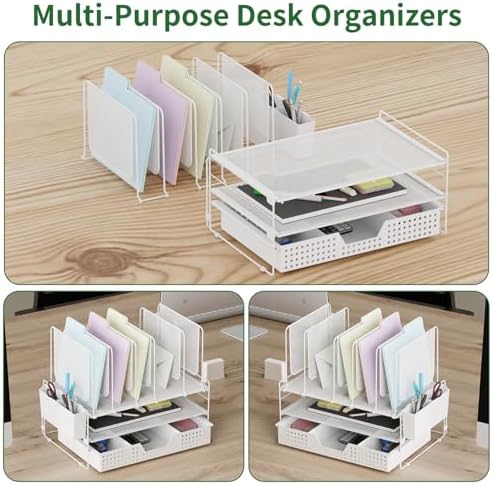 LEKETREE Desk Organizer, Office Organization with Vertical File Holder, File Organizer with Drawer and Pen Holder, Desk Accessories and Workspace Organizers for Home Office (White) - Image 6