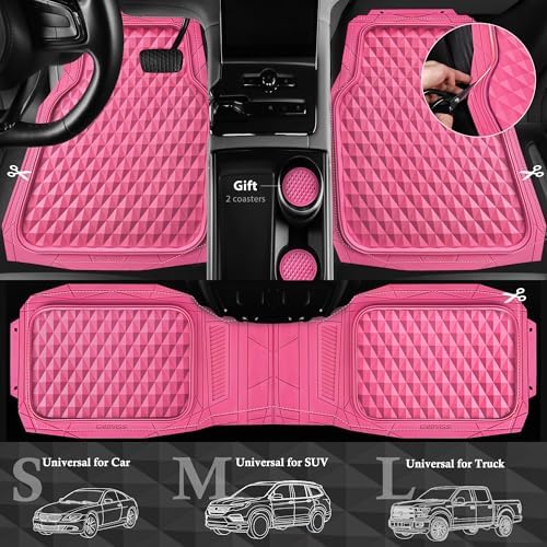 CAR PASS Heavy Duty Rubber Hot Pink Car Floor Mats & Cargo Liners, Deep Dish All-Weather Trunk Mats Durable Anti-Slip 3D Rhombus Waterproof Trim to Fit Liner Universal Fit Auto,Sedan,SUV,Truck, Pink - Image 3