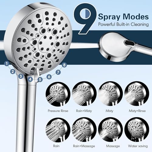 BRIGHT SHOWERS Filtered Shower Head with Handheld, High Pressure 9 Spray Mode Showerhead with Long Hose and Bracket, Water Softener Filters Beads for Hard Water - Removes Chlorine, Chrome - Image 2