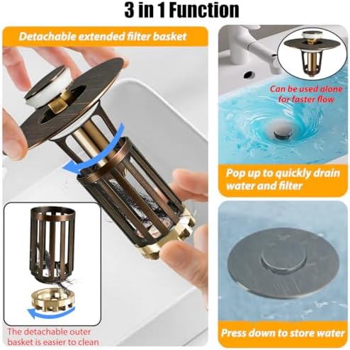 Anlige 3 in 1 Pop Up Bathroom Sink Stopper, Bathroom Sink Drain Strainer - Image 3