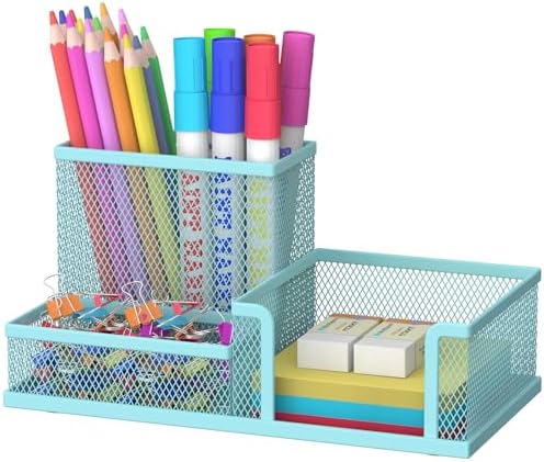SUPEASY Mesh Pen Holder Desk Organizer, Office Supplies Pencil Storage with 3 Compartments, Office Desk Accessories and Workspace Organizers for Home School, Blue by SUPEASY