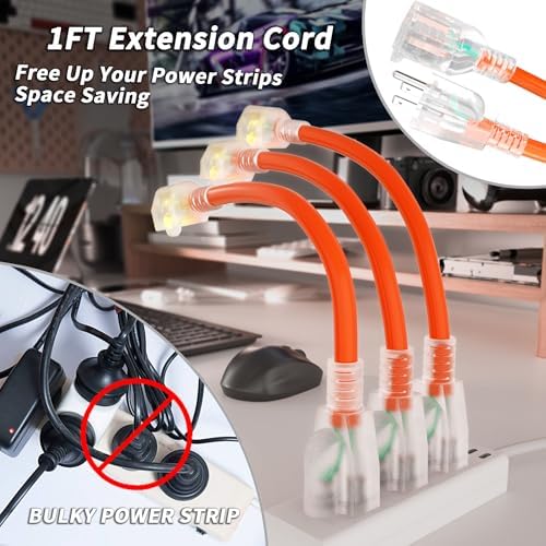 PlugSaf 1FT 3Pack 12 Gauge Extension Cord, Short Extension Cord, Orange - Image 2